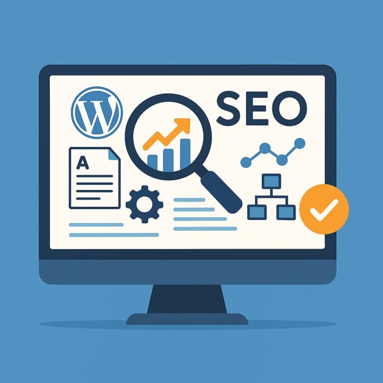 Écran d'ordinateur illustrant SEO et WordPress.