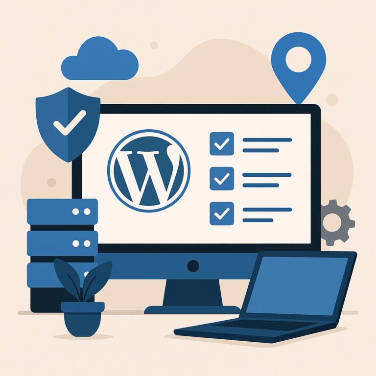 Illustration WordPress avec ordinateur et icônes technologiques.
