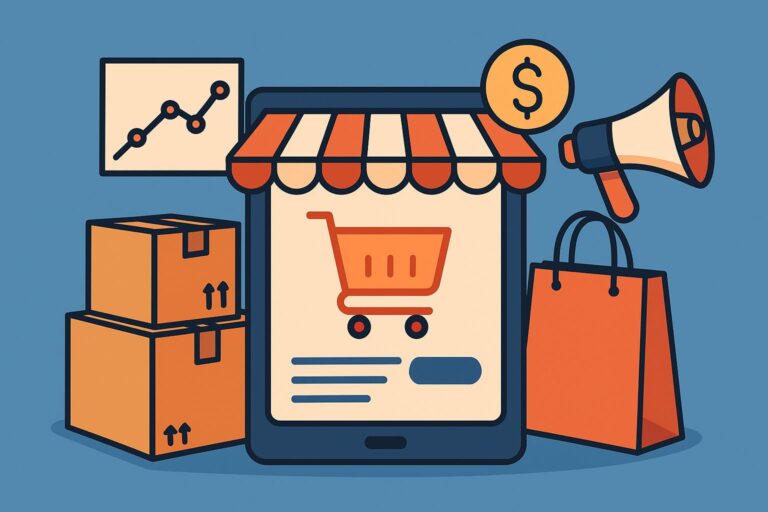 Illustration e-commerce : tablette, boîte, sac, mégaphone.