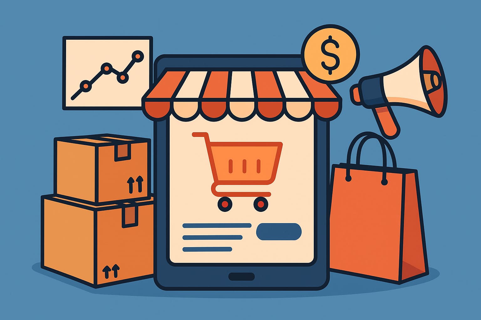Illustration e-commerce : tablette, boîte, sac, mégaphone.
