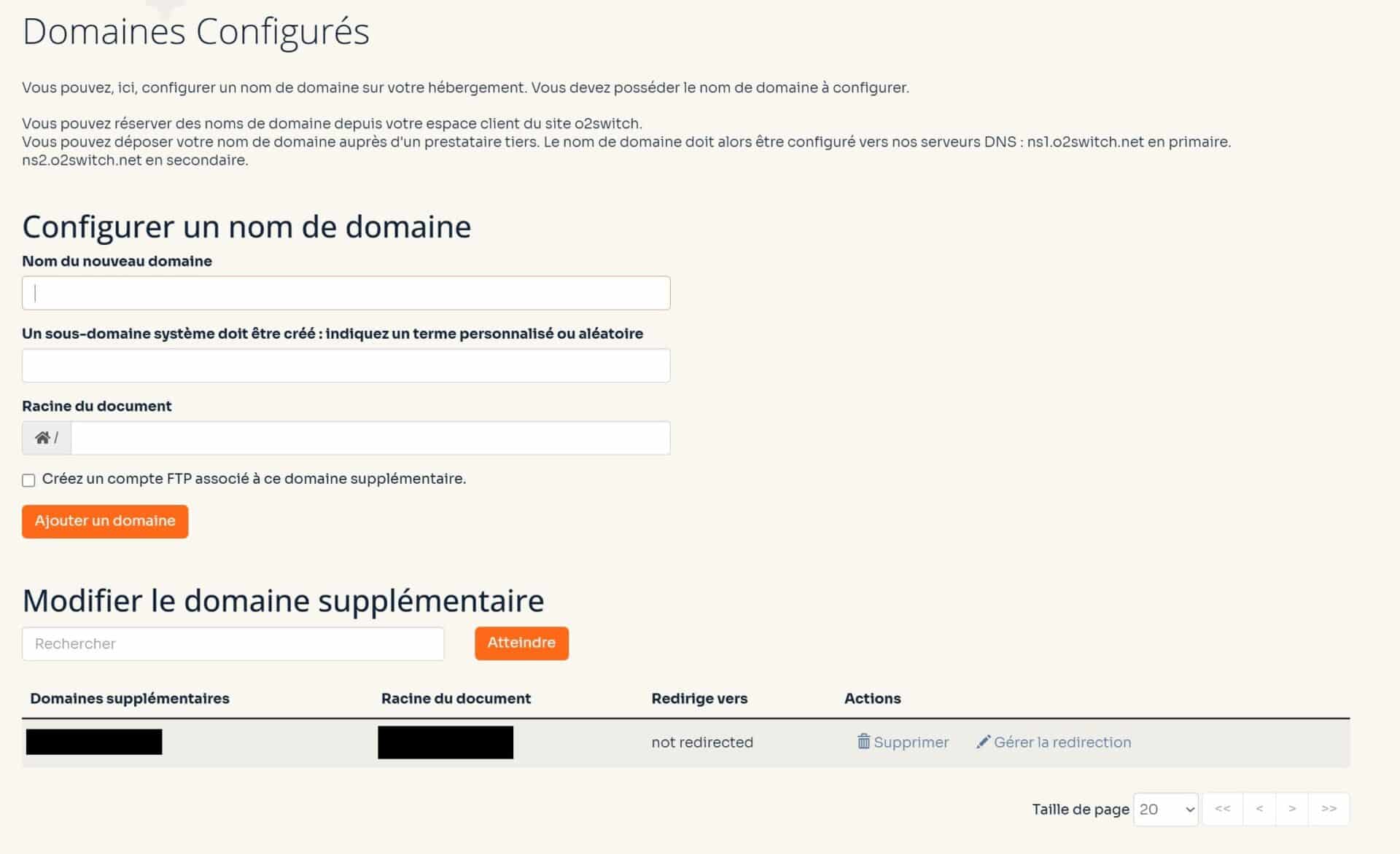 Interface de configuration de domaine web.