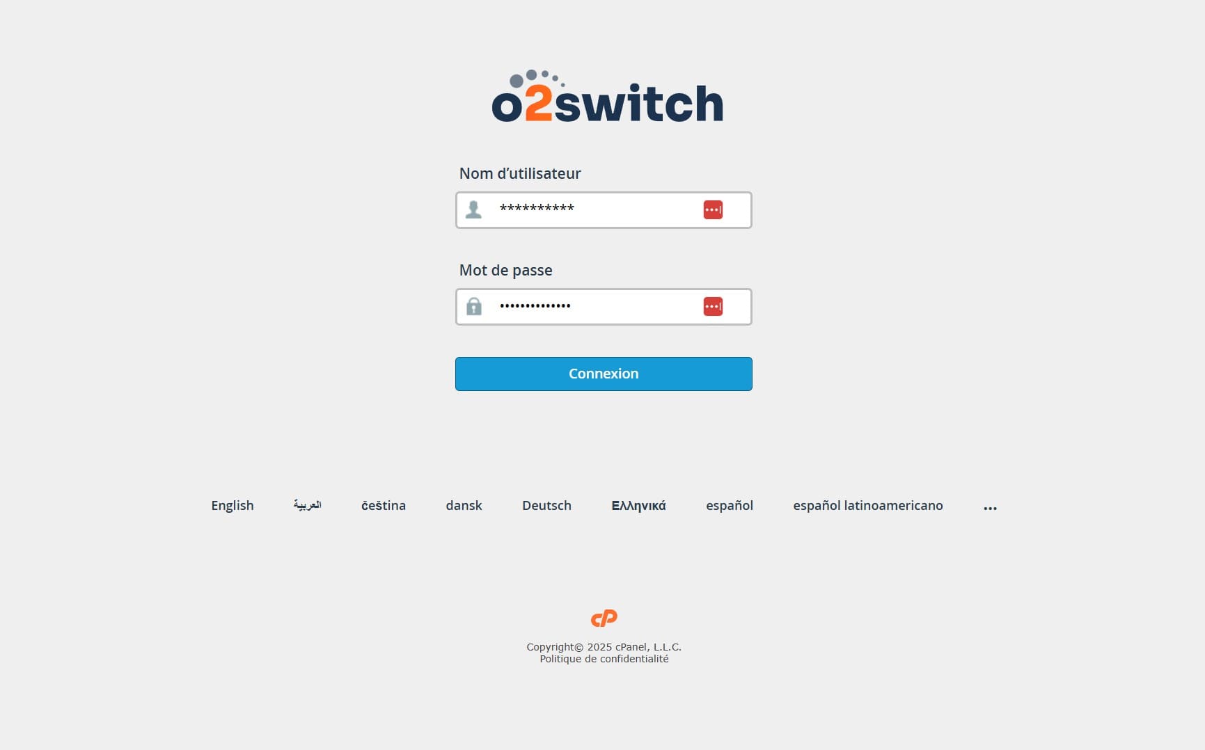 Page de connexion o2switch avec choix de langue.