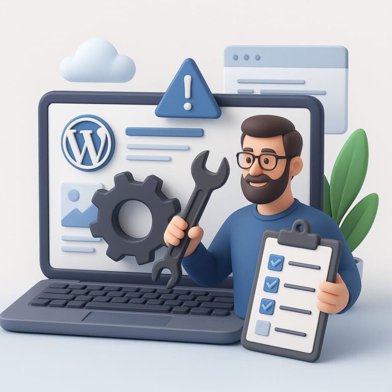 Homme travaillant sur site WordPress avec outils.
