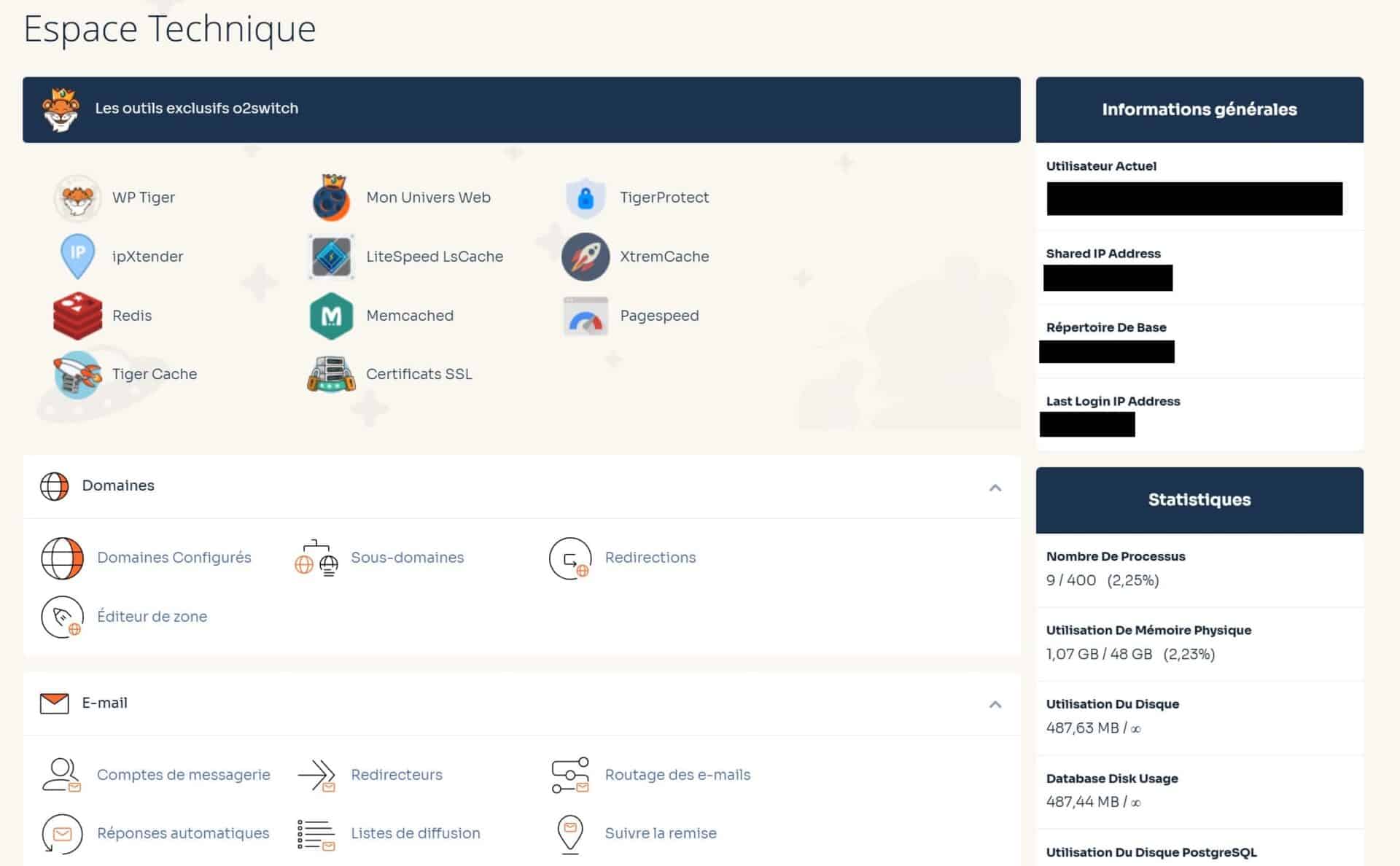 Interface d'administration hébergement web O2switch.