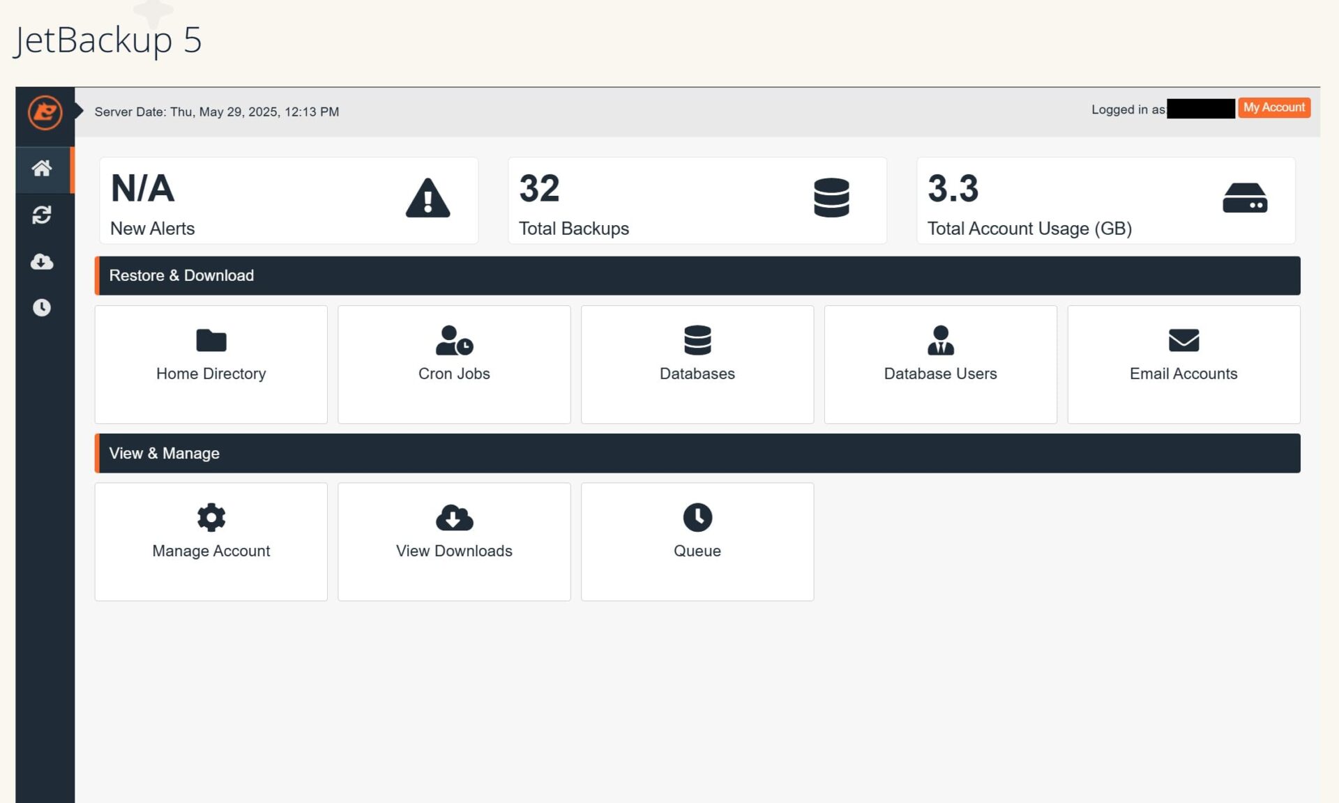 Interface utilisateur de gestion de sauvegardes JetBackup.