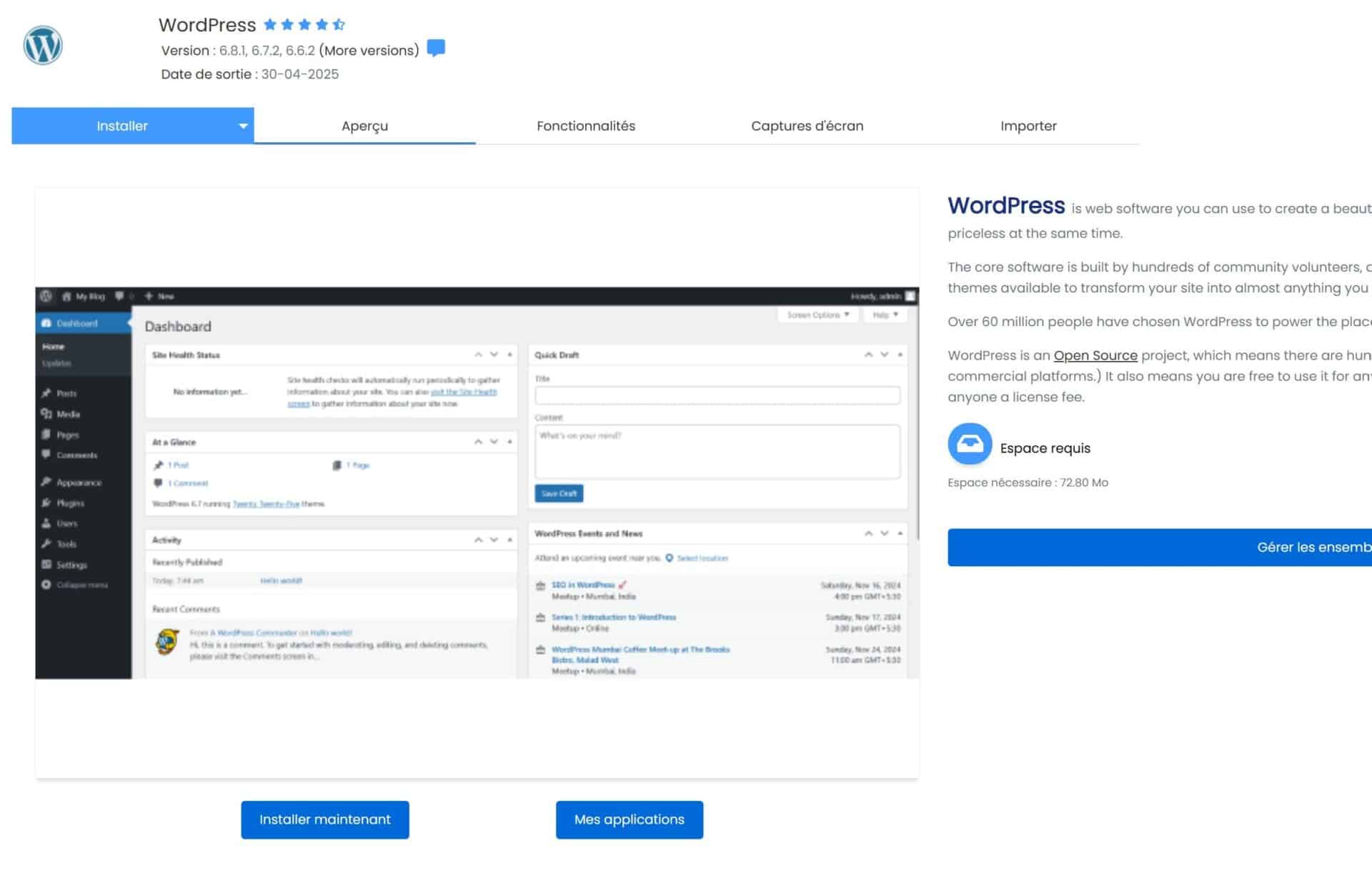 Interface d'installation de WordPress version 6.8.1.