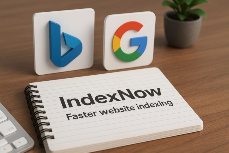Logos Bing et Google, texte IndexNow visibles.