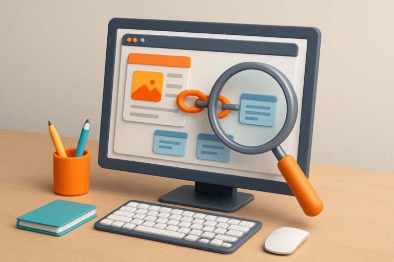 Ordinateur avec loupe et documents liés.