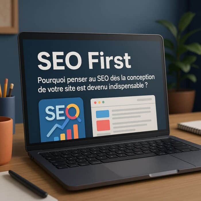 Ordinateur portable avec message sur l'importance du SEO.