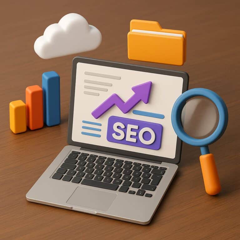 SEO, ordinateur portable, dossier, nuage, croissance graphique.