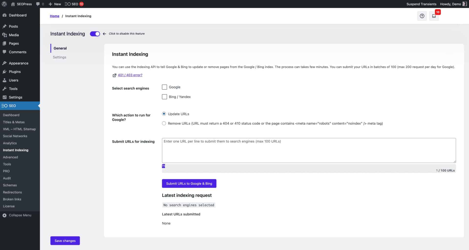 Interface d'indexation instantanée SEOPress sur WordPress.