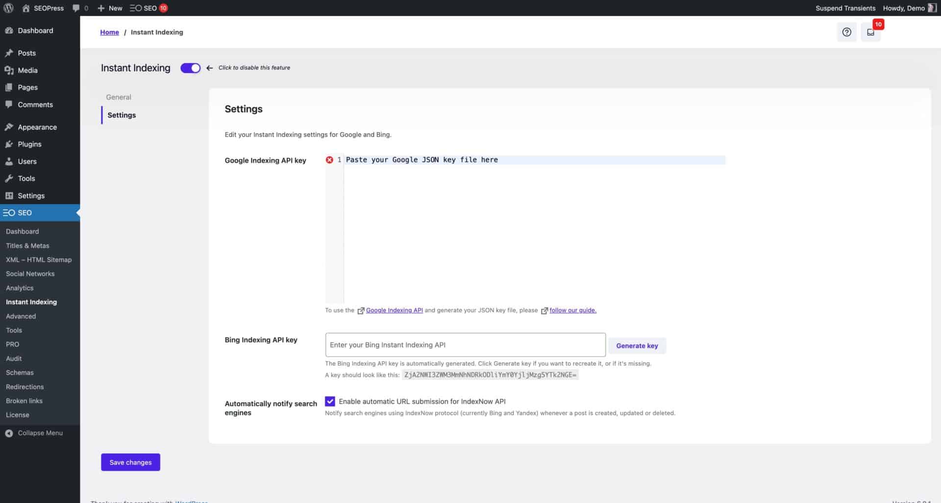 Paramètres d'indexation instantanée SEOPress.